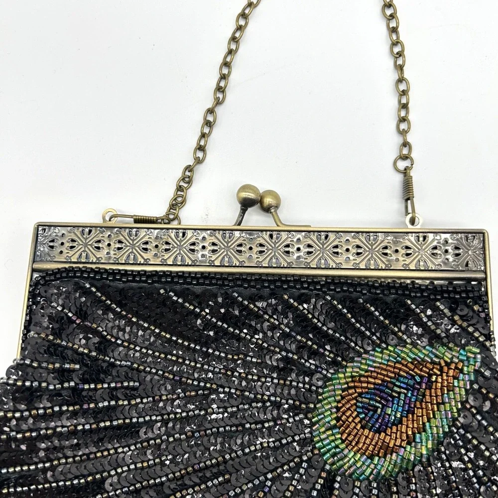 Peacock Black Clutch Purse Beaded Sequin Evening Bag Chain‎ Handle